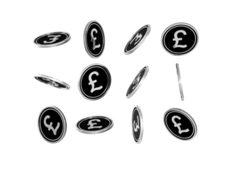 Dynamic display of silver British Pound coins in motion, finance concept.