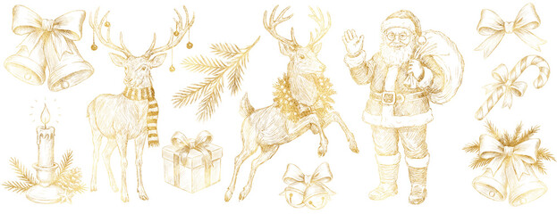 Freehand vintage Christmas golden doodles set. Hand drawn New Year doodle. Christmases symbols. Winter holiday with gold reindeer, santa, christmas deer, giftbox. Handwritten pencil sketch for design 