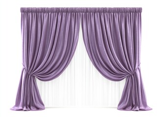 Elegant, draped, mauve-purple curtains.  Full-length, wide window treatments.  Soft folds of fabric,  with a crisp, white interior