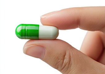 Close-up of a hand holding a green and white capsule (1)