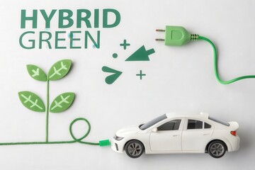 White Hybrid Electric Car Plugged into Green Power Source