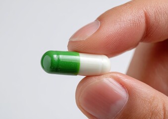 A hand holds a single green and white capsule