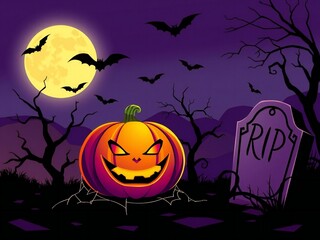 Fototapeta premium Spooky halloween night with a carved pumpkin and bats flying near a graveyard