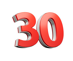 Bold Vibrant Red Number Thirty Number 30 With Metallic On White Background 3D Illustration