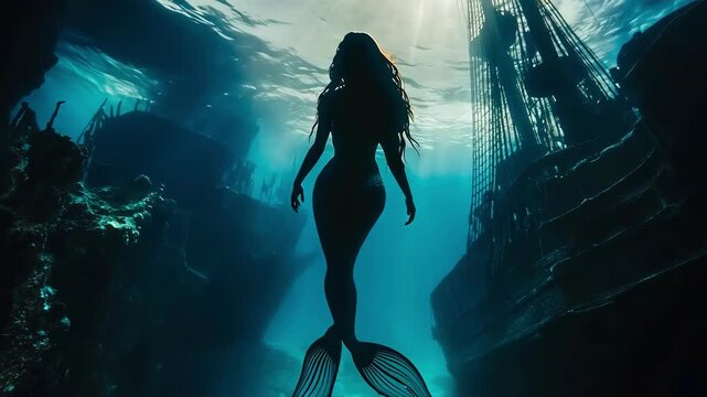 Mystical mermaid swimming near a sunken pirate ship in a deep blue ocean.