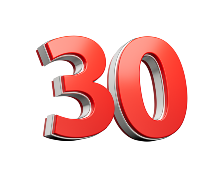 Bold Vibrant Red Number Thirty Number 30 With Metallic On White Background 3D Illustration