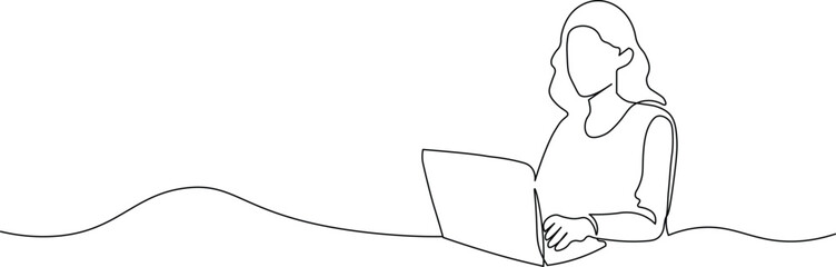 Dynamic single line drawing of a focused woman working on her laptop, perfect for minimalist designs and modern business concepts with clean and simple elegance