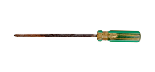 Isolated old, rusty Phillips head screwdriver with a green and yellow handle.