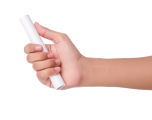 Hand gripping a white baton firmly against a .