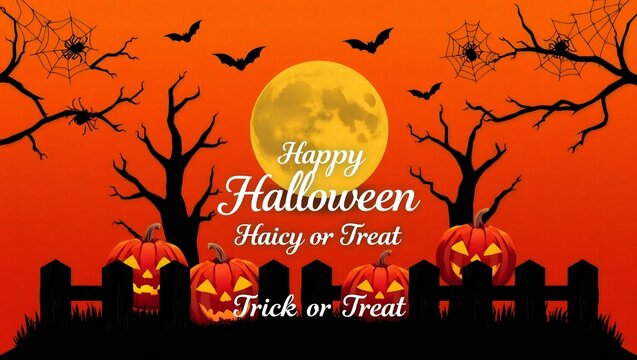 Spooky halloween scene with pumpkins bats and a full moon