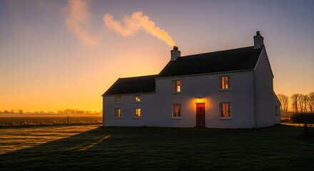 An old church silhouette against a sunset sky with smoke rising from a rural house chimney