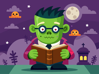 Cartoon Frankenstein reading a book under the moon