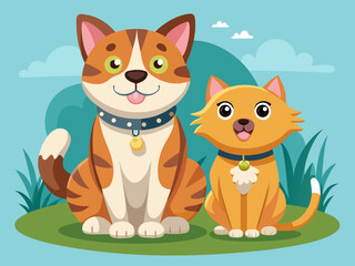 Cartoon dog and cat sitting together in a grassy field