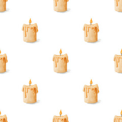 A soft watercolor candle pattern on a white background with warm amber flames and melted wax drips in a cozy, seamless design.