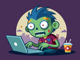 Cartoon zombie with laptop and coffee cup character