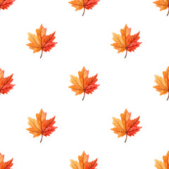 Autumn maple leaves painted in watercolor with orange and red hues on a white seamless pattern, perfect for seasonal designs.