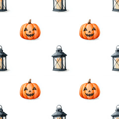 A watercolor pumpkin with a carved face alternating with lanterns on a white seamless pattern, cozy halloween vibe.