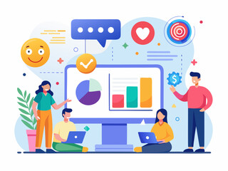 Diverse team collaborates on digital marketing strategy with data visualization