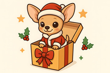 Obraz premium Chihuahua Puppy in Santa Hat Sitting in Gift Box