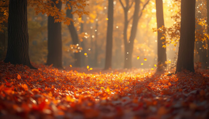 Enchanting autumn forest covered with orange and red fallen leaves, with a few gently drifting down from the trees above. Sunlight casting a soft, warm glow. Autumn background. Generative AI