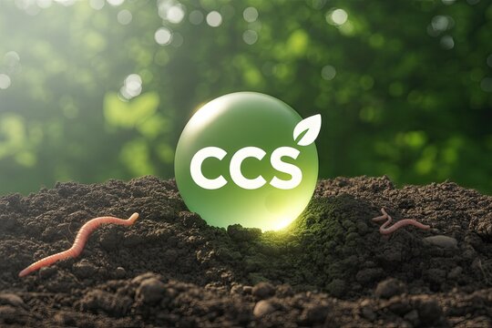 Lush green sphere with ccs and leaf logo floating above rich dark moist soil