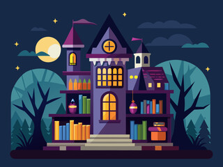 Haunted library castle with books and moon halloween