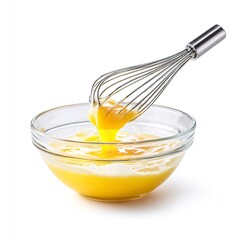 Whisking eggs in a clear glass bowl on a white background for cooking or baking preparation process