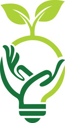 lightbulb hands holding seedling logo, eco-friendly, growth, innovation, green energy, care vector
