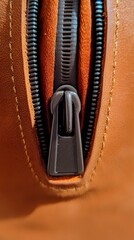 Close up shot of leather bag zipper for fashion accessory concept