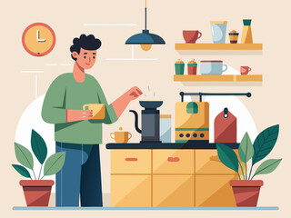 Man preparing coffee with a coffee maker kitchen