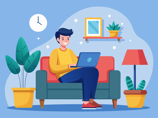 Man working on laptop while sitting on a couch at home