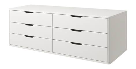 Low-profile white chest of drawers, perfect for a minimalist living room.