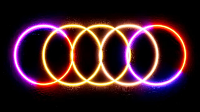 Four luminous, interlocked rings glowing with neon light against a dark textured background