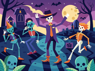 Skeletons dancing in a haunted Halloween landscape