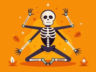 Skeleton meditating in yoga pose on orange background