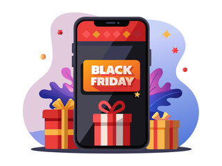 Smartphone displaying Black Friday with gift boxes