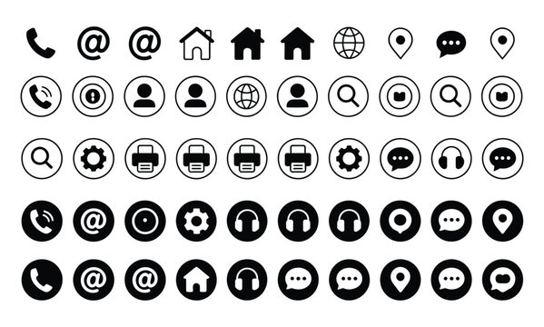 Set of Black and White Contact and Communication Icons in Circles on White Background