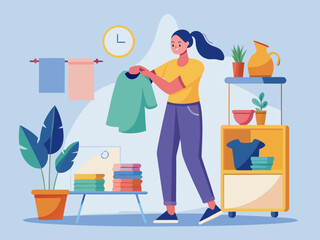 Woman folding laundry in a bright room clothes t-shirt