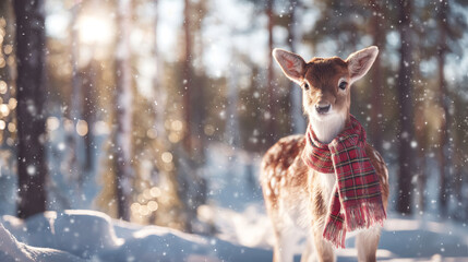 Сute brown reindeer wears red scarf standing gracefully in snowy winter forest with tall trees. Warm golden bokeh lights illuminate the blue tones. Christmas background. Generative AI