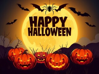 Happy halloween spooky night with pumpkins and bats