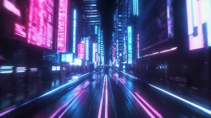 Cyberpunk city street with neon light trails speeding - Powered by Adobe