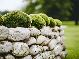 Stone Wall with Mossy Plants, Lush Greenery Garden