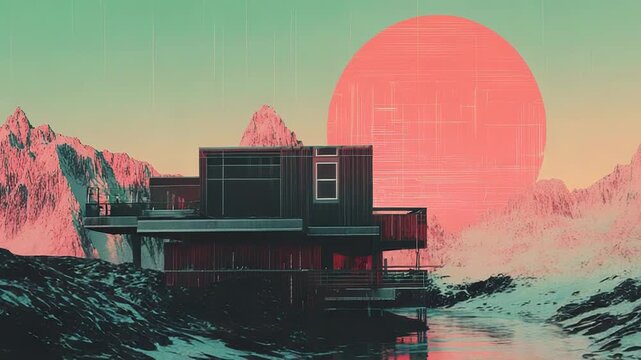Synthwave house on mountain overlooking retro sunset lake