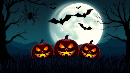 Spooky halloween scene with glowing jack o lanterns and bats against a full moon