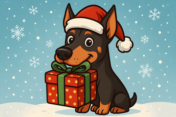 Doberman Dog with Santa Hat and Christmas Presents