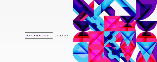 Abstract geometric shapes, vibrant colors, modern design. Background features pink, blue, purple gradients. Minimalist text present.