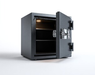 Open dark gray metal security safe on white background