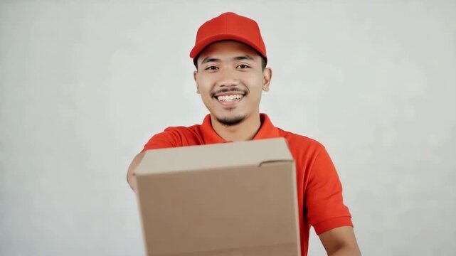 Young courier in red cap and T-shirt delivering box to customer
