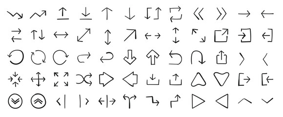 doodles style collection of hand drawn black arrow icons direction, pointer, sign, symbol, navigation, line, curve, up, down, left, right, diagonal, circular, refresh, reload