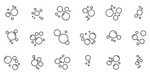 Bubbles line icons set. Soap foam, fizzy drink, oxygen bubble, effervescent effect line icons set, editable stroke. Bubbles and foam icon set.